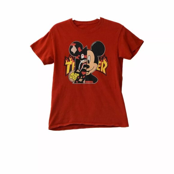 Mens Red T-Shirt Micket Mouse Print Cotton Round Neck Short Sleeve Size M - Picture 1 of 4